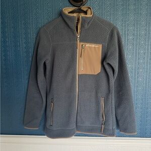 Eddie Bauer Women’s Zip-Up Fleece Sherpa Jaxket in Blue and Brown- XS